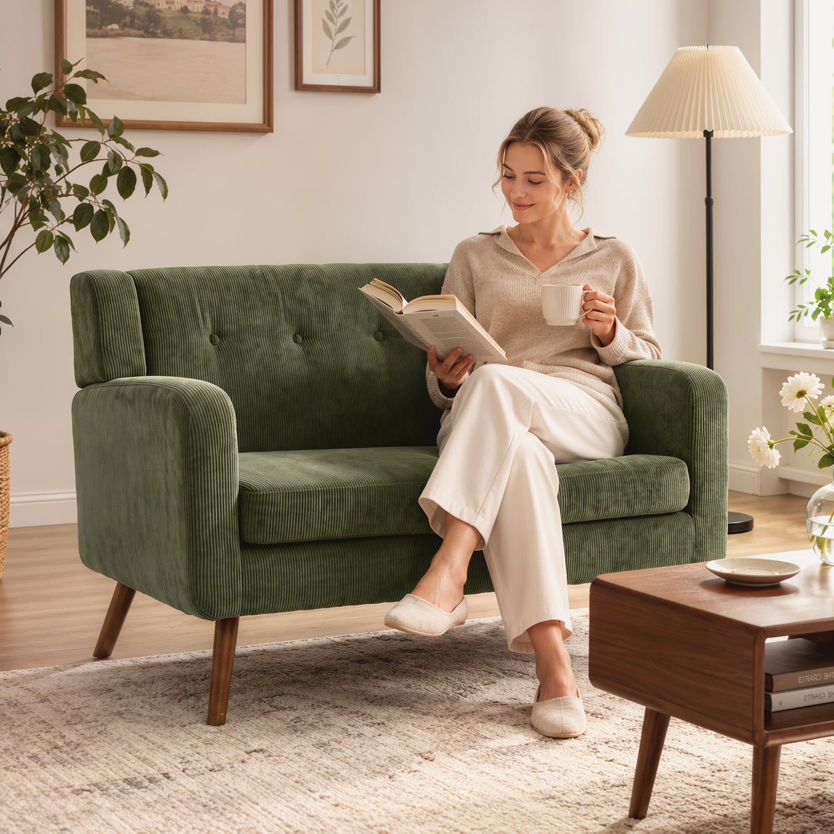 HOMCOM 2 Seater Sofa, 118 cm Corduroy Small Loveseat with Spring Cushion, Wood Legs for Small Space, Living Room, Dark Green