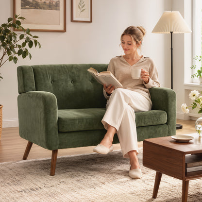 HOMCOM 2 Seater Sofa, 118 cm Corduroy Small Loveseat with Spring Cushion, Wood Legs for Small Space, Living Room, Dark Green