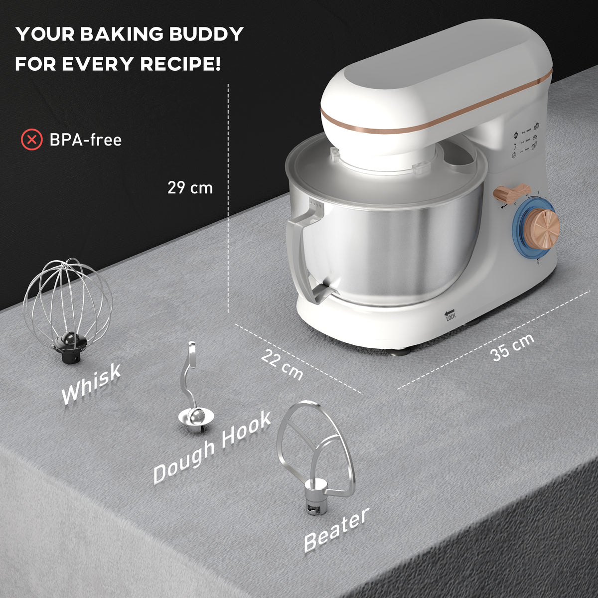 HOMCOM 1300W Kitchen Stand Mixer, with Accessories - White