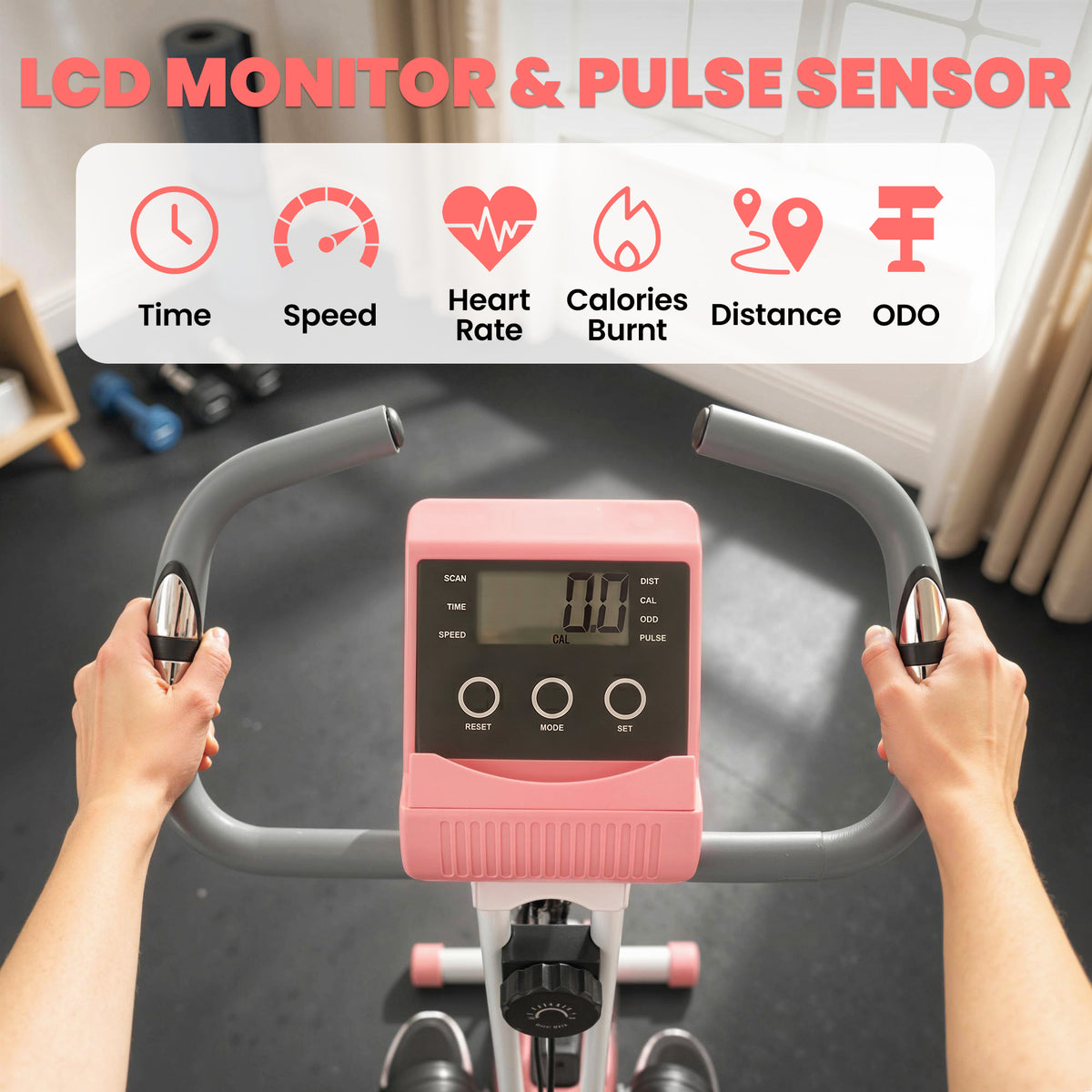 HOMCOM 2-in-1 Folding Exercise Bike with 8-Level Magnetic Resistance, Arm Resistance Band, Pulse Sensor, Pink