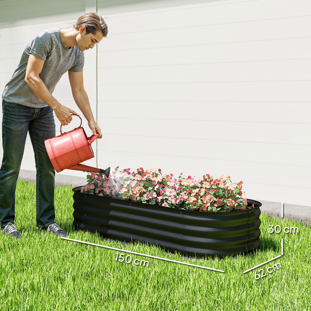 Outsunny Galvanised Raised Garden Bed, Metal Planter Box with Safety Edging, for Flowers, Herbs, Succulents, Black