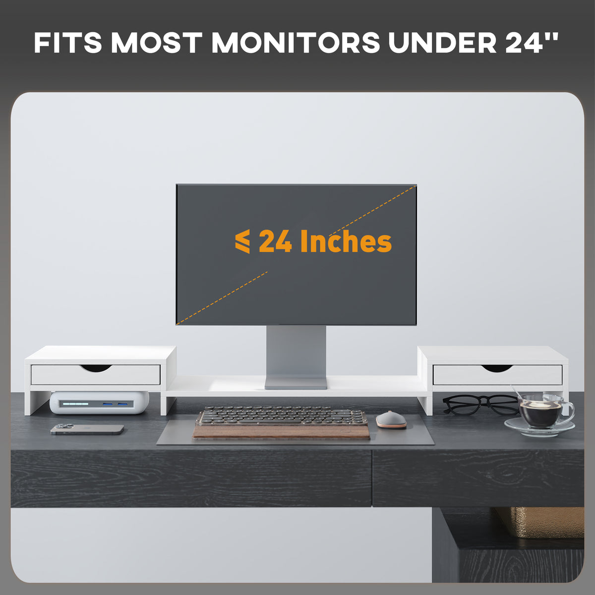 HOMCOM Dual Monitor Stand Riser with 2 Drawers, Adjustable Length and Angle, 116cm Monitor Riser for Laptop, Computer, PC, Small Printer, White