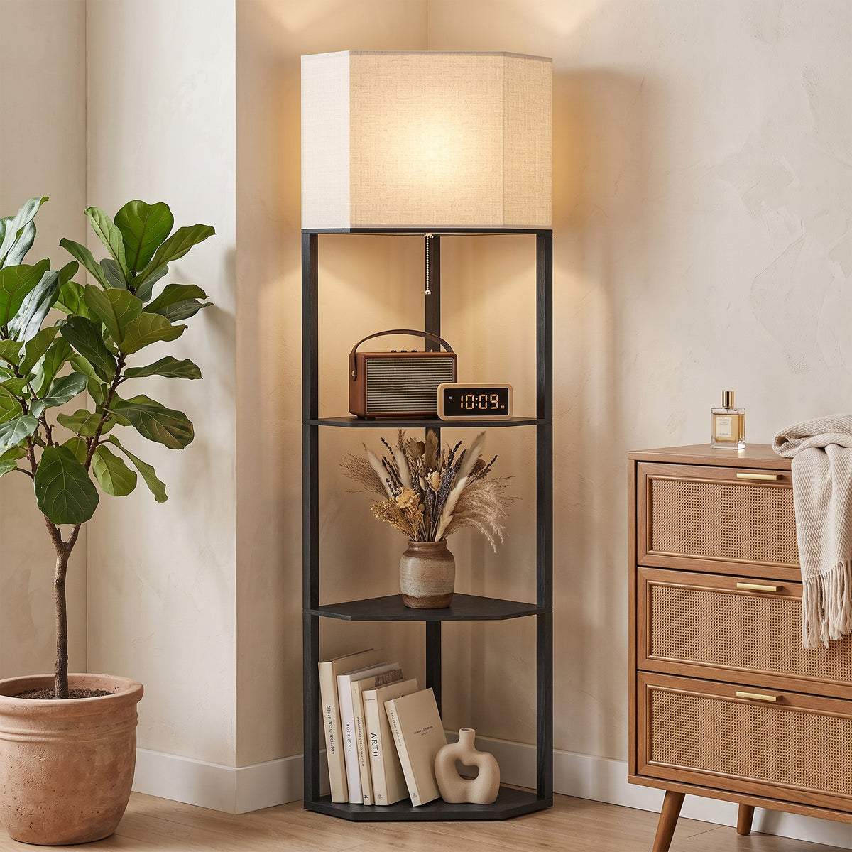 HOMCOM Corner Floor Lamp with Shelves, Tall Standing Lamps for Living Room, with Pull Chain Switch Bulb not Included, Black