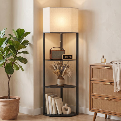 HOMCOM Corner Floor Lamp with Shelves, Tall Standing Lamps for Living Room, with Pull Chain Switch Bulb not Included, Black