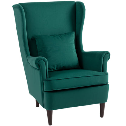 HOMCOM Modern Accent Chair with High Backrest and Pillow, Velvet-Feel Fabric Reading Chair with Solid Wood Legs, Green