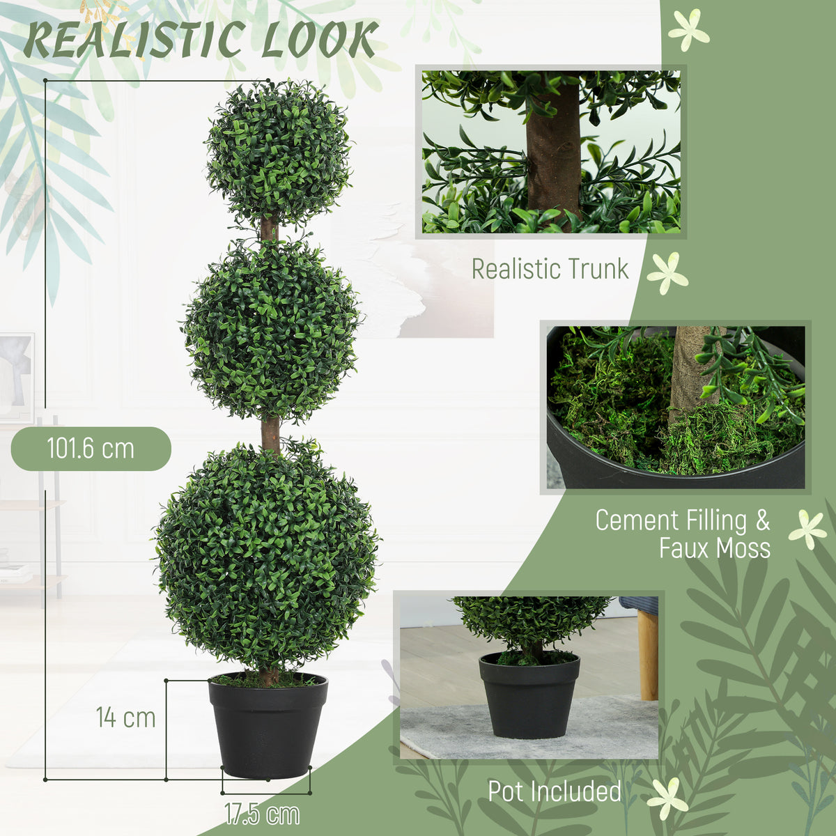 HOMCOM Set of 2 Decorative Artificial Trees, Topiary Ball-shaped Boxwood Trees in Pot, Fake Plants for Home Indoor outdoor Decor, 100cm, 3 Tree Balls
