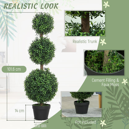 HOMCOM Set of 2 Decorative Artificial Trees, Topiary Ball-shaped Boxwood Trees in Pot, Fake Plants for Home Indoor outdoor Decor, 100cm, 3 Tree Balls