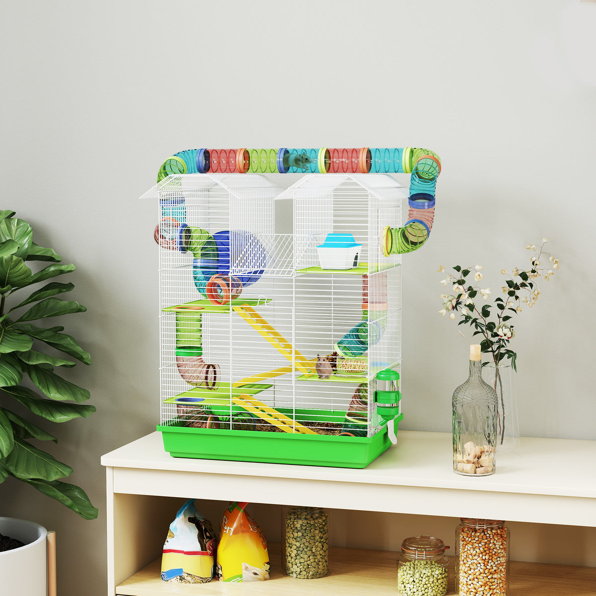 PawHut Hamster Cage, 5 Tier Carrier Habitat with Exercise Wheels Tunnel Tube Water Bottle Dishes House Ladder, Gerbil Cage for Dwarf Mice, Green