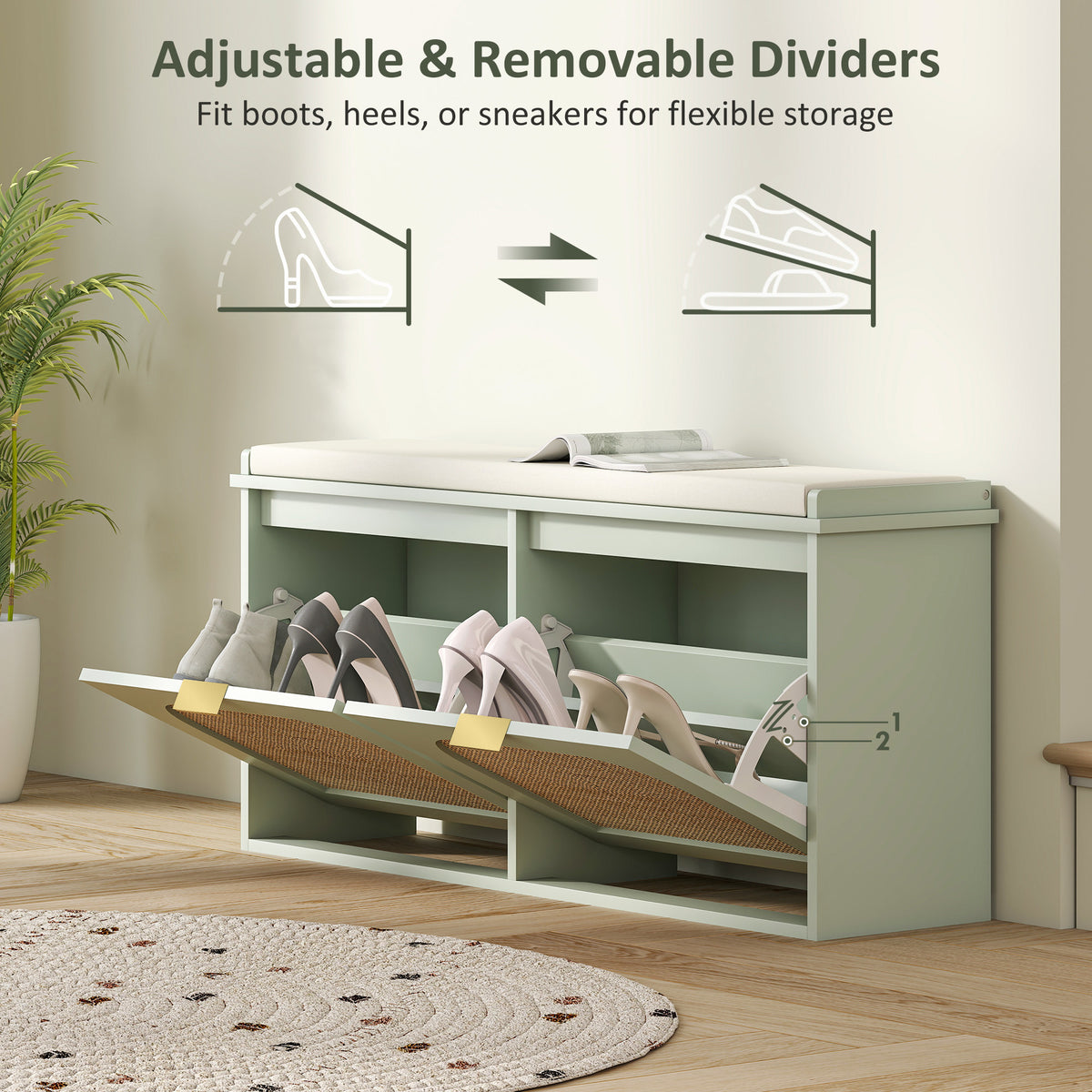 HOMCOM Boho Shoe Bench with Padded Seat and 2 Flip-Drawers - Light Green