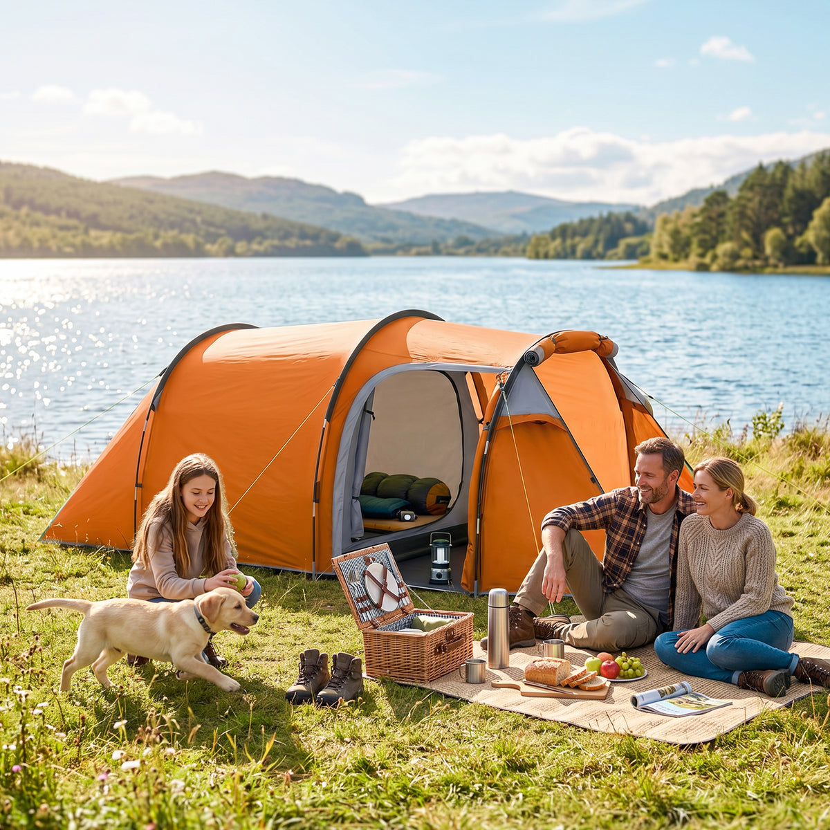 Outsunny 2 Man Tunnel Tent with Sewn-in Groundsheet, Air Vents, Rainfly, 2000mm Large Camping Tent with Bedroom, Porch, Living Area for Camping, Hiking, 426L x 206W x 154H cm, Orange