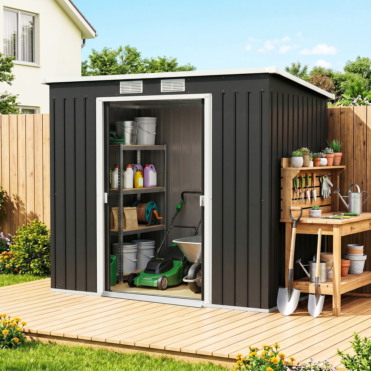 Outsunny 7 x 4ft Galvanised Steel Garden Shed, with Foundation Kit - Dark Grey