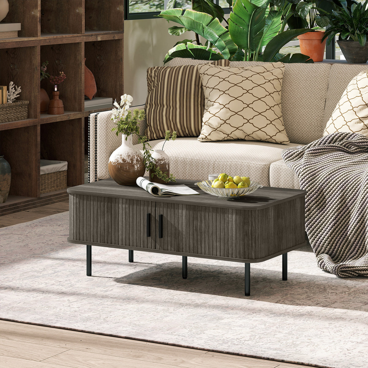 HOMCOM Coffee Table with Storage, Living Room Table with Slatted Tambour Sliding Doors and Adjustable Foot Pads, Rectangular Coffee Table with Elevated Base for Living Room, Grey Wood-Effect