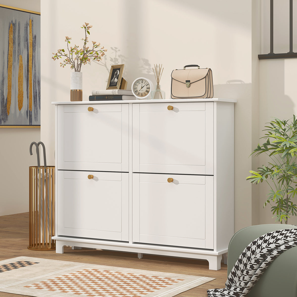 HOMCOM Narrow Shoe Storage Cabinet, Slim Shoe Cabinet with 4 Flip Drawers, Adjustable Shelves for 16 Pairs of Shoes, White