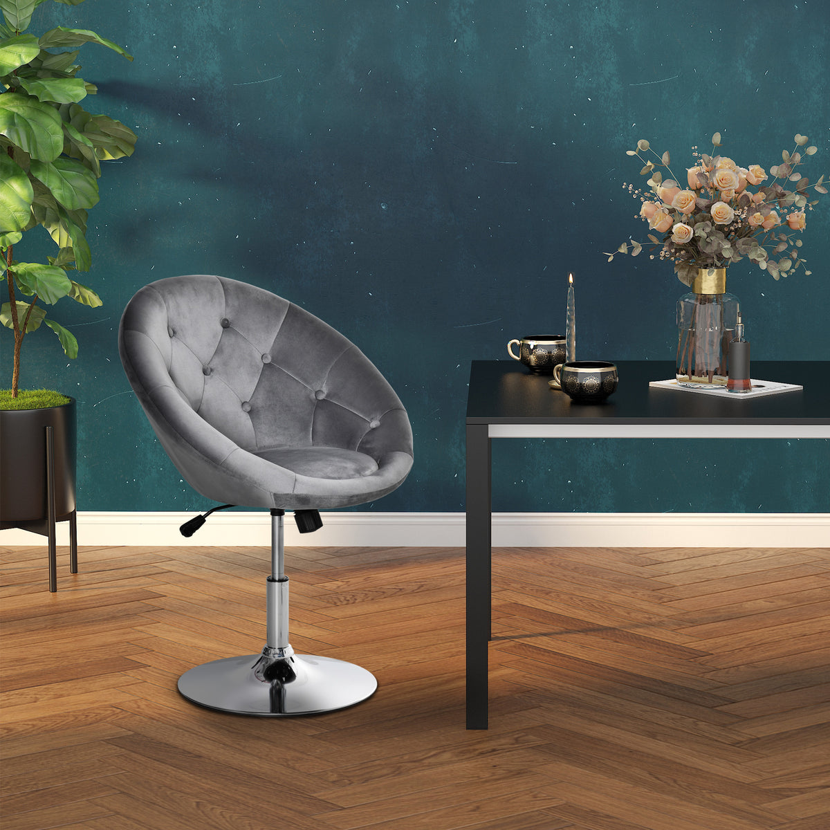 HOMCOM Swivel Dressing Stool, Velvet-feel Upholstered Vanity Chair, Adjustable Height Tub Makeup Chair with Button Tufting and Thick Padding for Bedroom, Grey