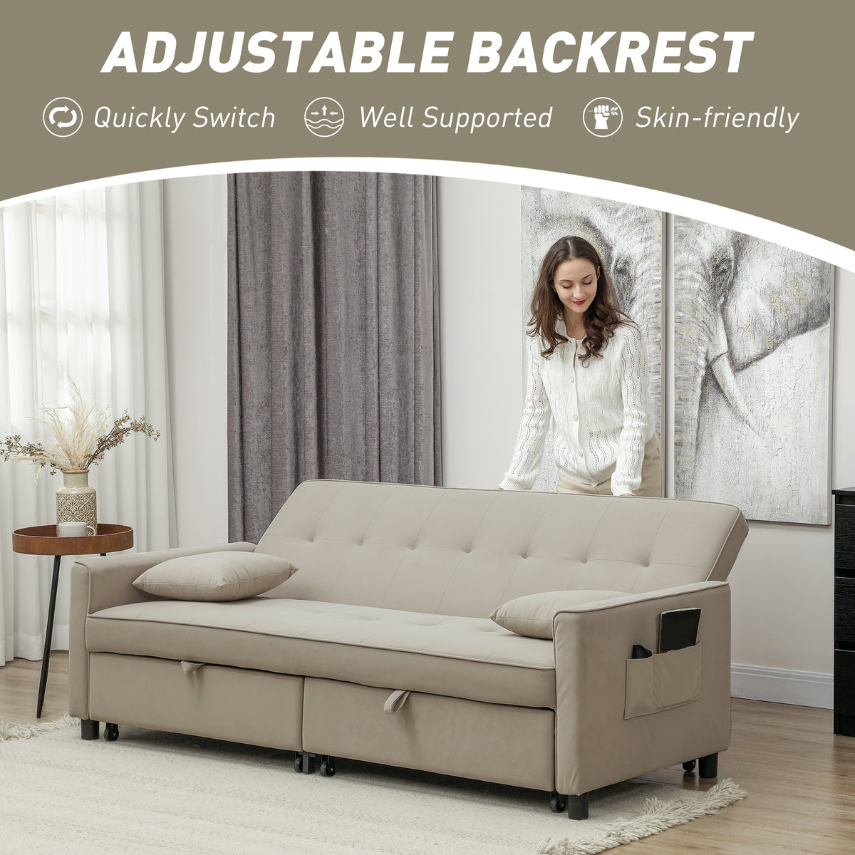 HOMCOM 3 Seater Velvet Sofa Bed, Convertible Pull-Out  Sofa Bed with Adjustable Backrest, Space Saving Living Room Sofa, Beige