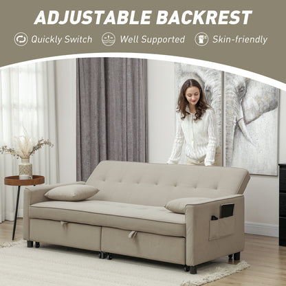 HOMCOM 3 Seater Velvet Sofa Bed, Convertible Pull-Out  Sofa Bed with Adjustable Backrest, Space Saving Living Room Sofa, Beige