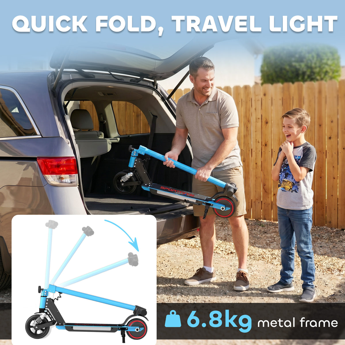 SPORTNOW Folding Electric Scooter for Kids, with Dual Brakes, Front Suspension, LED Colourful Lights, Blue