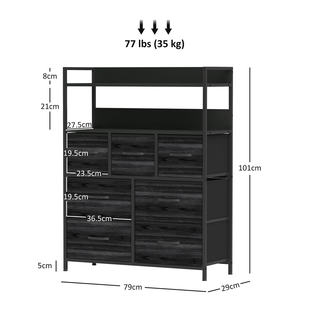 HOMCOM Rustic Chest of Seven Fabric Drawers - Black