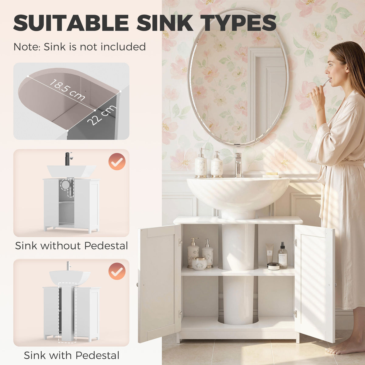kleankin Under Sink Bathroom Cabinet, Freestanding Under Sink Cabinet with 2 Doors and Adjustable Shelf for Basin without or with Pedestal, White