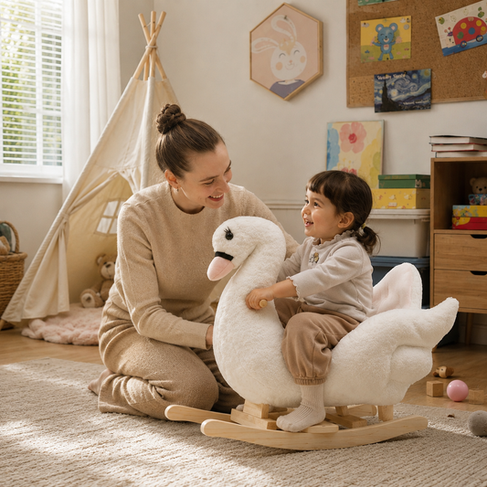 HOMCOM Kids Rocking Horse Plush Ride On Swan Toy w/ Safety Seat for Toddler 18 Months +, White and Pink