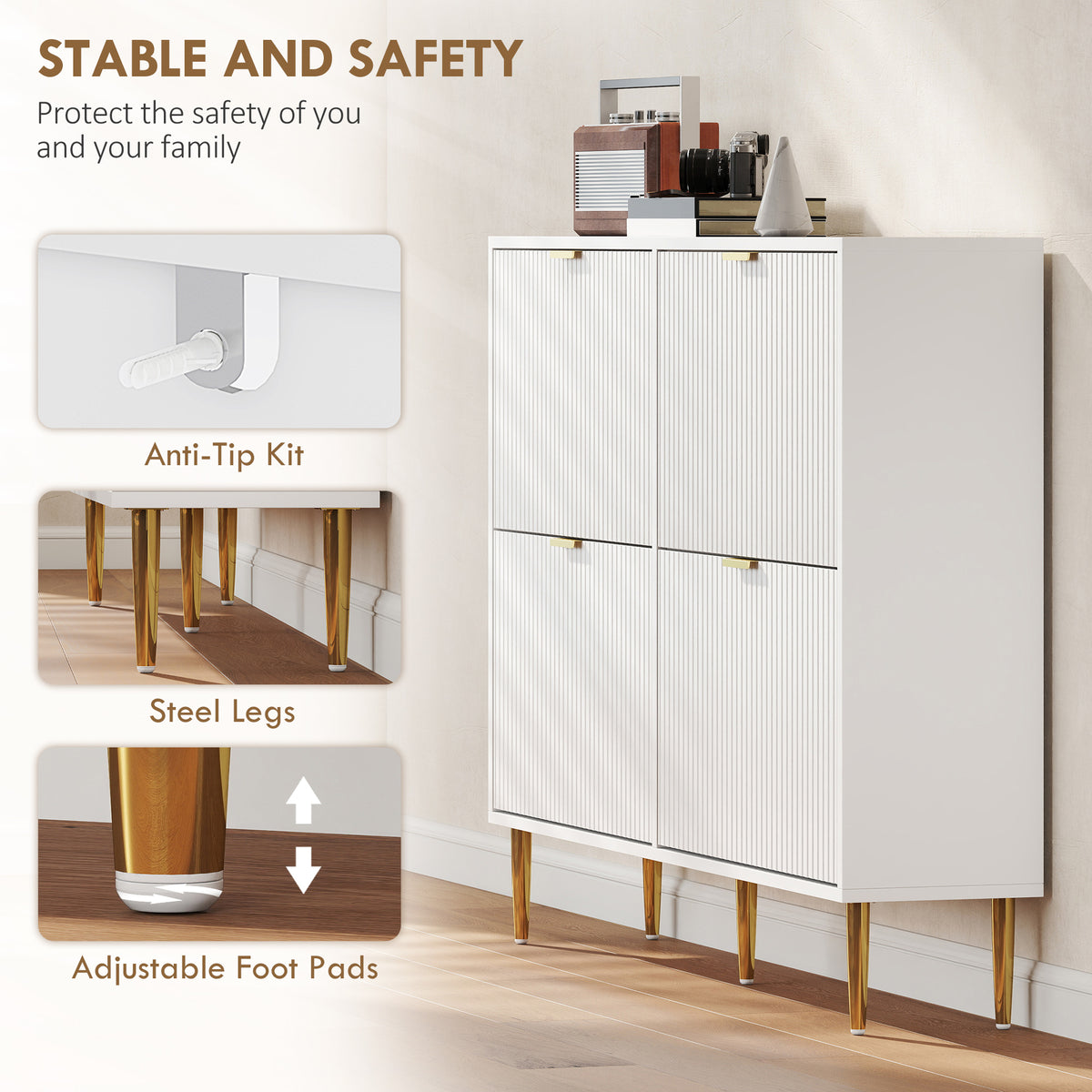 HOMCOM Elegant Four-Drawer Shoe Cabinet - White