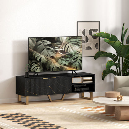 HOMCOM Marble Effect TV Unit, Modern TV Stand Cabinet for up to 70" TVs, with Shelves and Storage Cupboard, Fluted Door, Extra Centre Leg, Cable Management for Living Room, Black