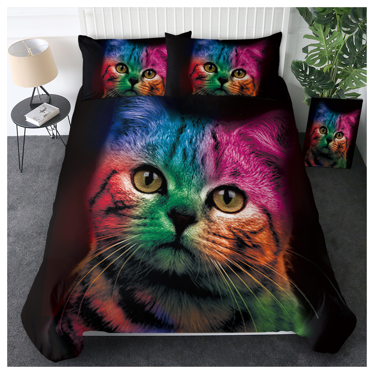 Cat Bedding for Kids Girls Boys Cute Colorful Cat Pattern Quilt Cover Bedspread 3 Piece Bold Color Black Animal Duvet Cover Set for Single Bed