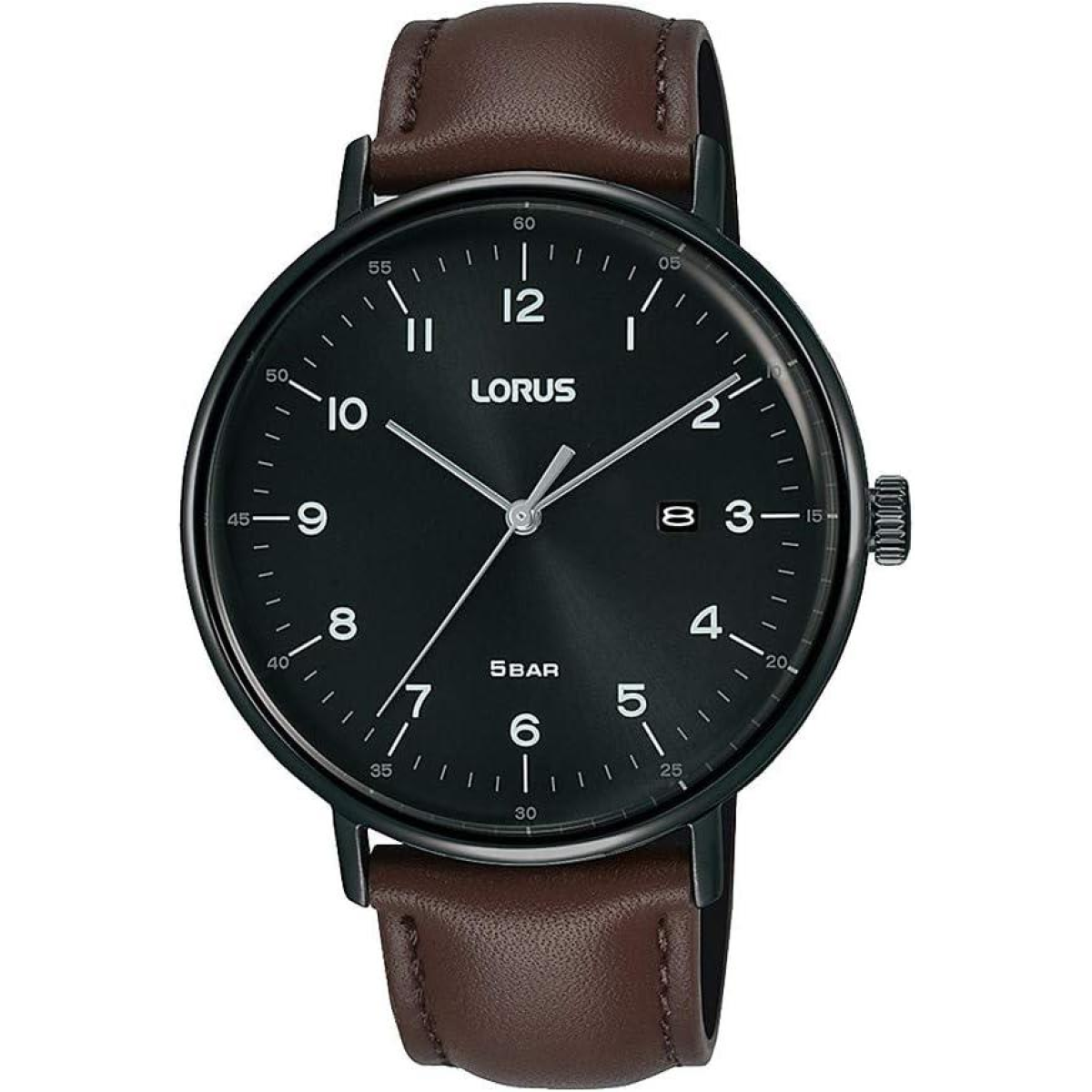 Lorus Mens Black Date Dial Brown Leather Strap Watch RH985MX9