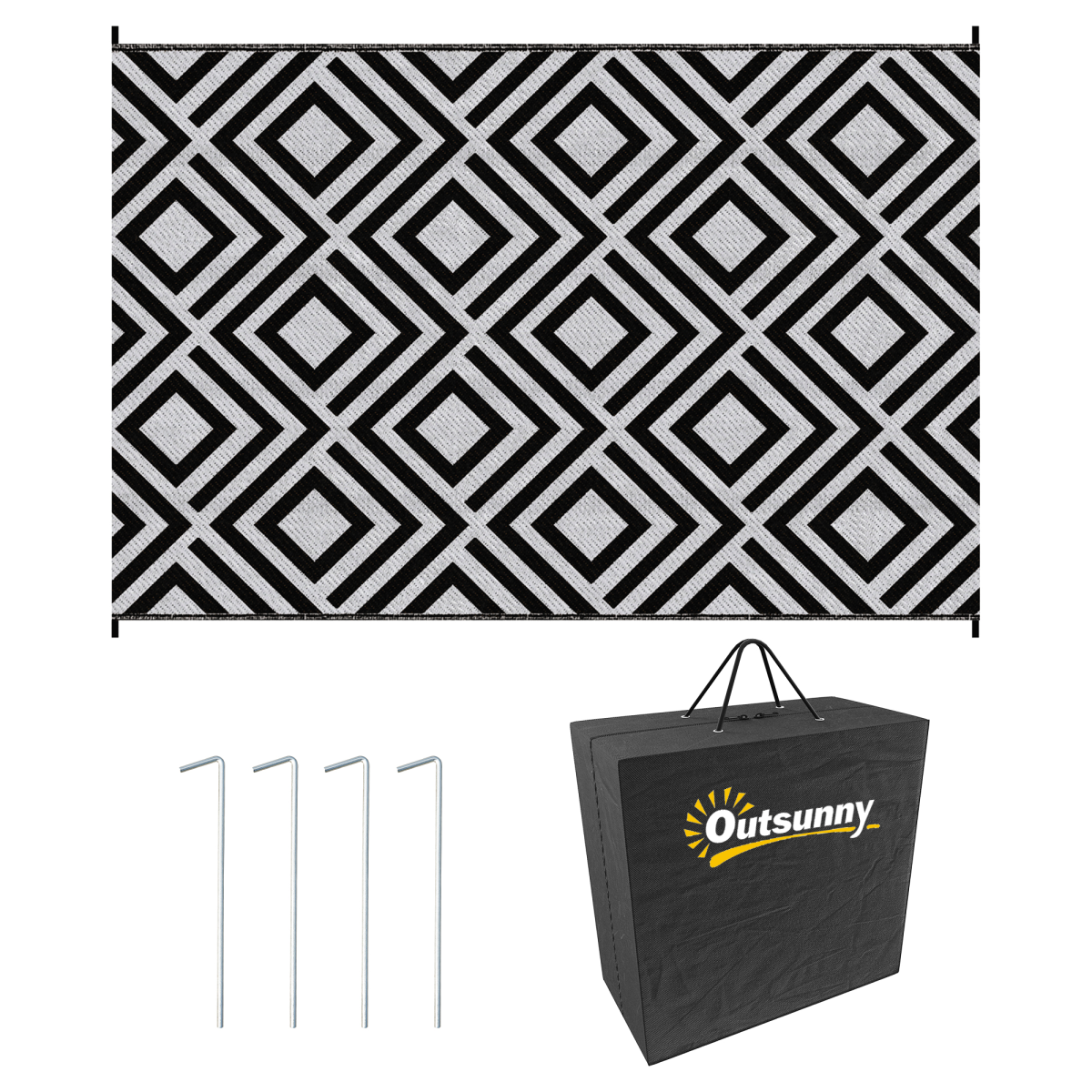Outsunny Reversible Waterproof Outdoor Rug with Carry Bag, 182 x 274 cm, Black