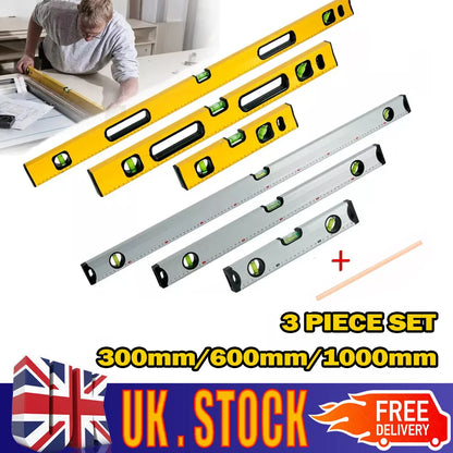 MAGNETIC 3 PIECE BUILDERS BUILDING SPIRIT LEVEL SET - 300, 600, 1000mm Yellow/Silver-Yellow + Pencil