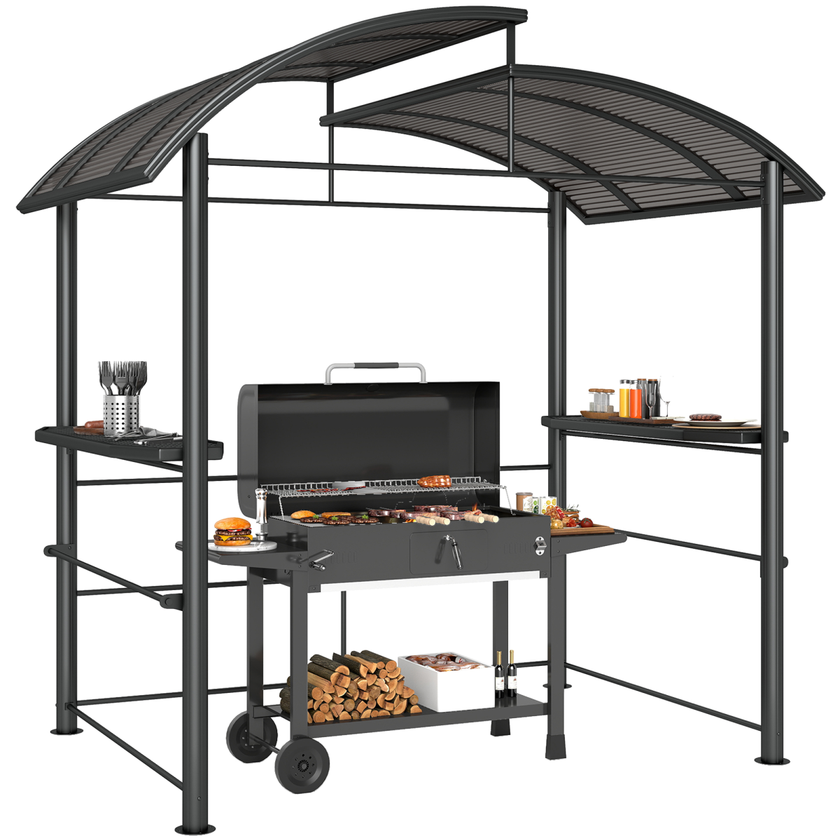 Outsunny BBQ Patio Canopy Gazebo with Interlaced Polycarbonate Roof 2 Shelves