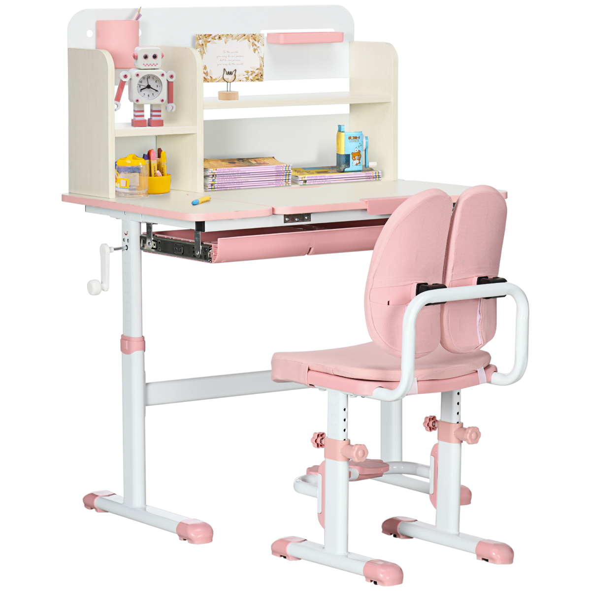 HOMCOM Kids Desk and Chair Set with Storage Shelves, Washable Cover - Pink
