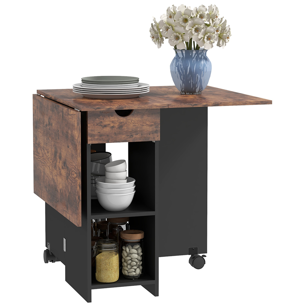 Expandable Dining Table with Storage - Rustic Brown - Seats 4 Conveniently