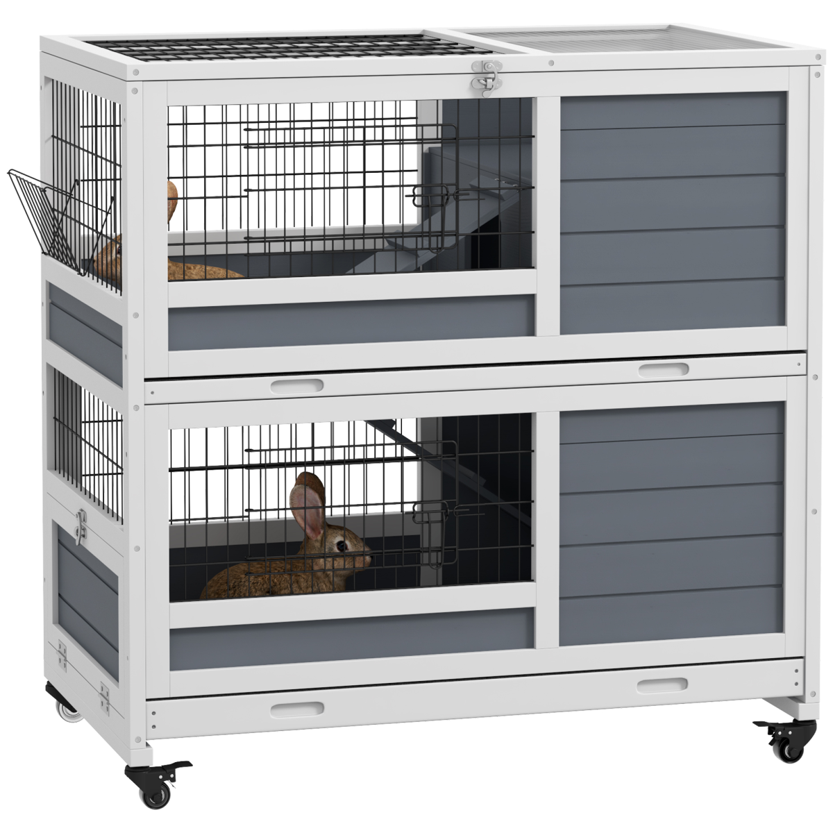 PawHut Double Deckers Indoor Rabbit Hutch w/ Feeding Trough, Slide-Out Trays