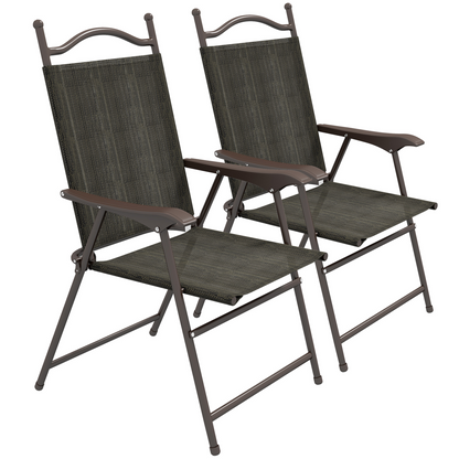 Outsunny Folding Chairs Set with Armrest Breathable Mesh Fabric Seat Dark Brown