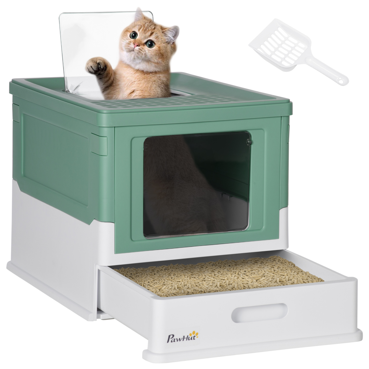 PawHut Hooded Cat Litter Box, Portable Pet Toilet w/ Scoop, Tray - Green
