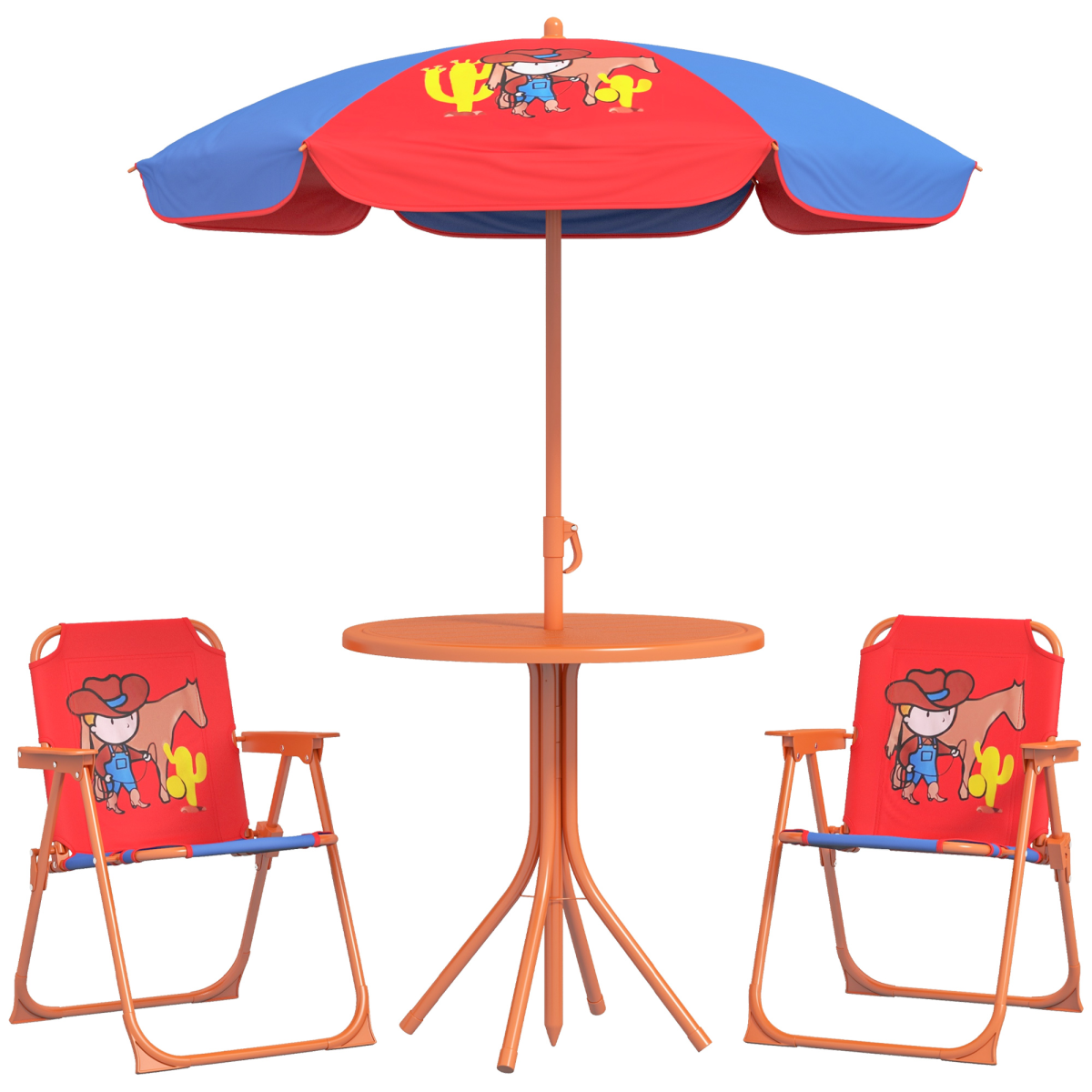 Outsunny Kids Bistro Table and Chair Set with Cowboy Theme, Adjustable Parasol