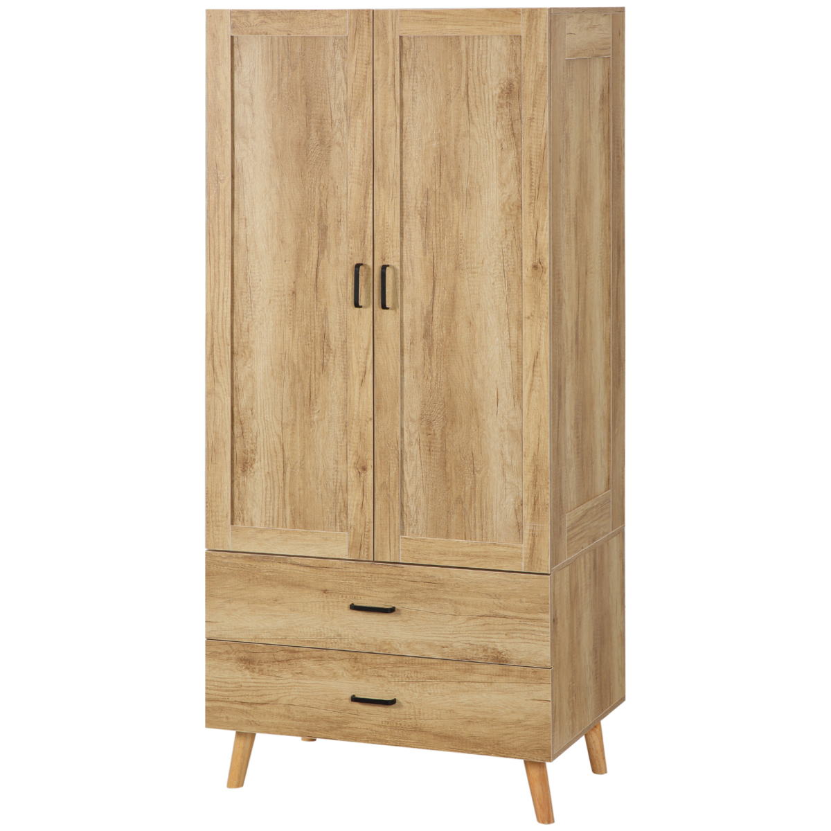 2 Door Wardrobe, Modern Wardrobe w/ 2 Drawer, Hanging Rail for Bedroom Natural
