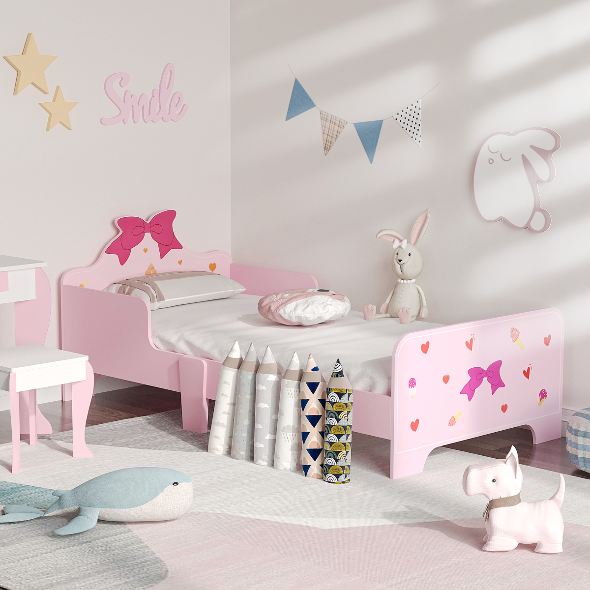 Princess-Themed Kids Toddler Bed w/ Cute Patterns, Safety Rails - Pink