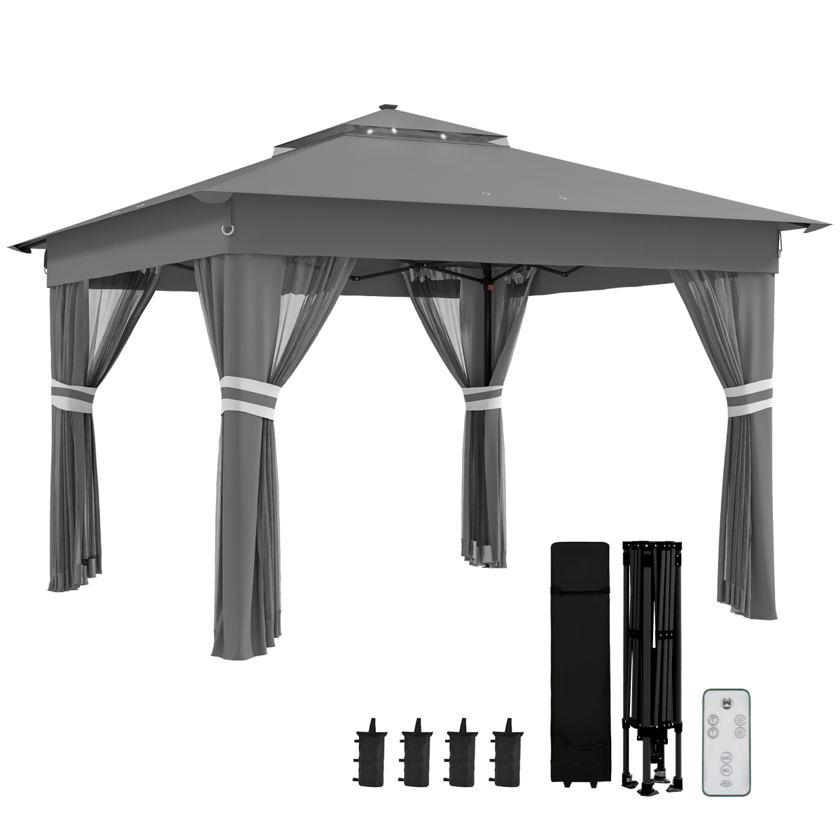 Outsunny 3x3(m) Pop Up Gazebo w/ Solar-Powered LED Lights Curtain Netting Grey