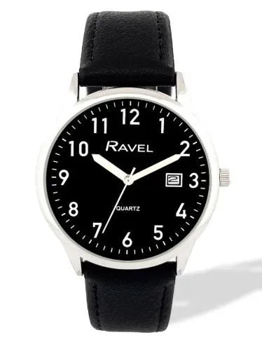 Ravel Mens Basic Silver case Dated Black Dial With Black Faux Leather Strap Watch