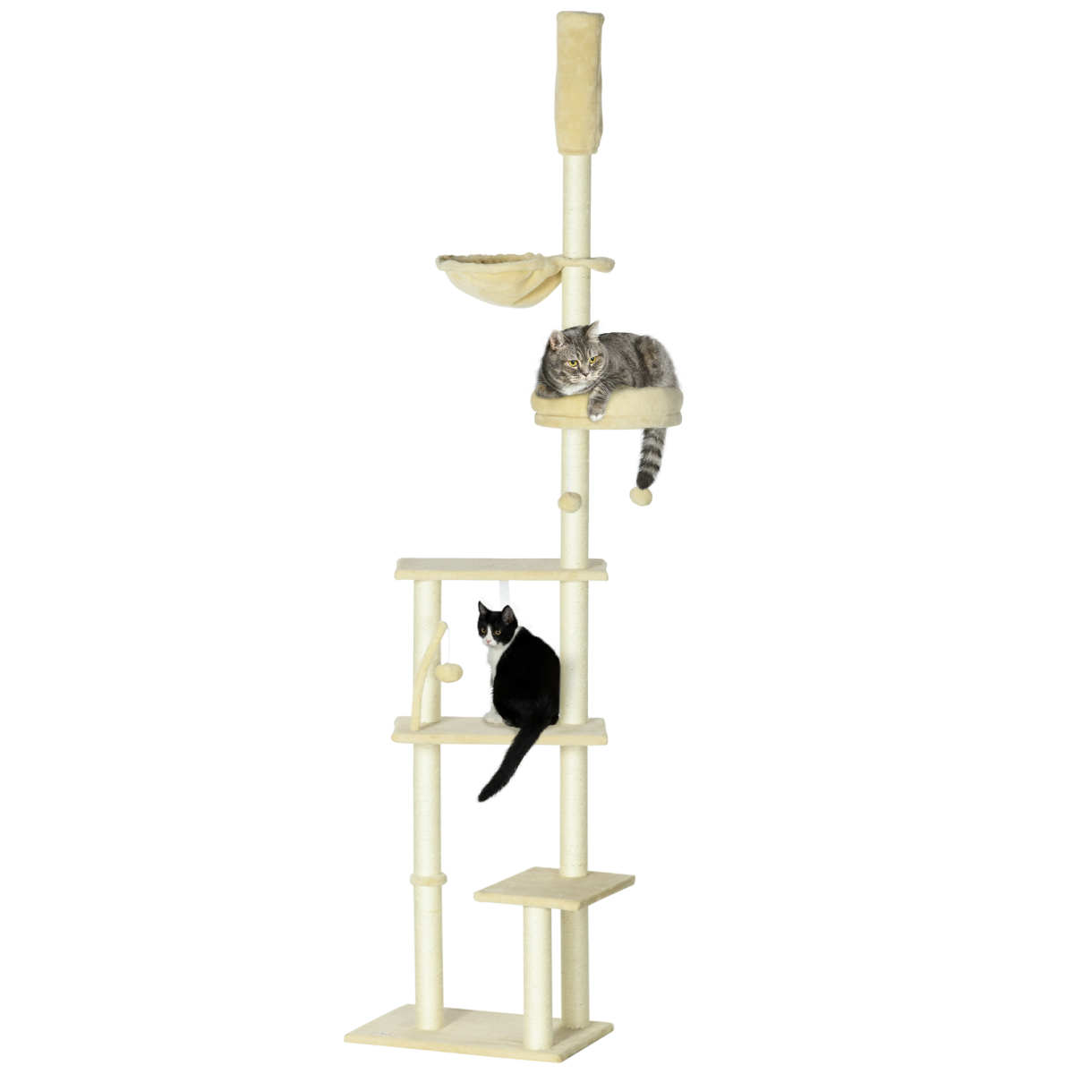 6-Tier Floor to Ceiling Cat Tree with Scratching Post, Bed, Hammock, Beige