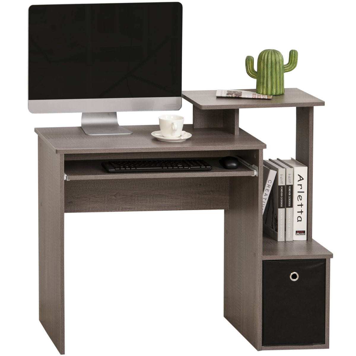 Computer Desk with Sliding Keyboard Tray Storage Drawer Shelf  Grey