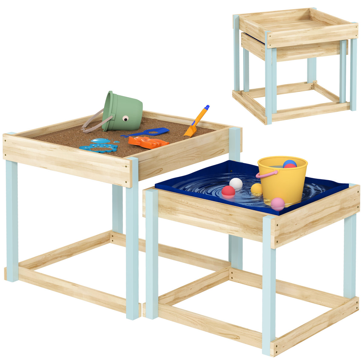 AIYAPLAY 2 PCS Wooden Sandpits, Sand and Water Play Tables with Bottom Liner