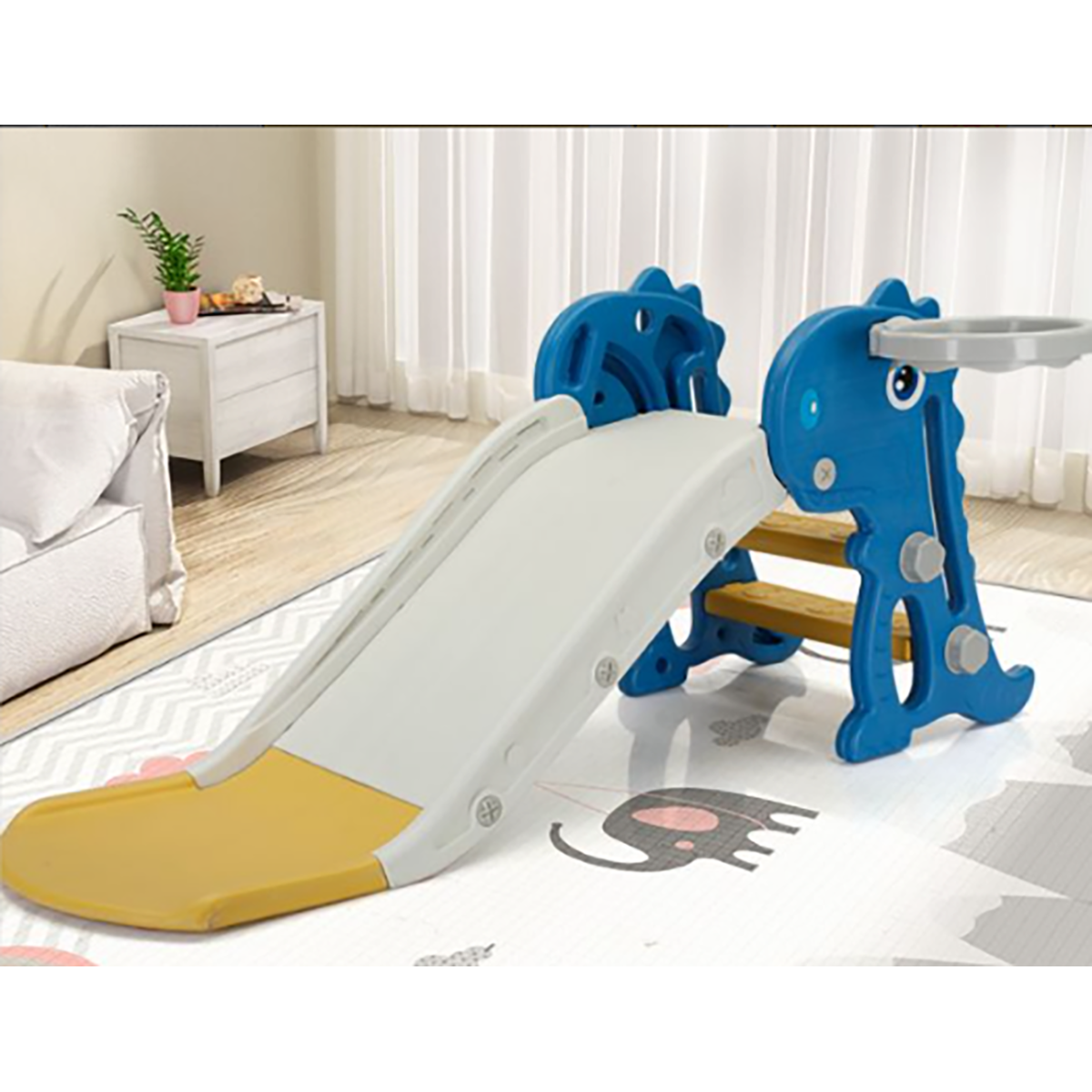 Toddler Indoor Slide for 0 To 3 Years Old Easy Assembly Dinosaur Shape Foldable Slide with Basketball Hoop Stairs Blue