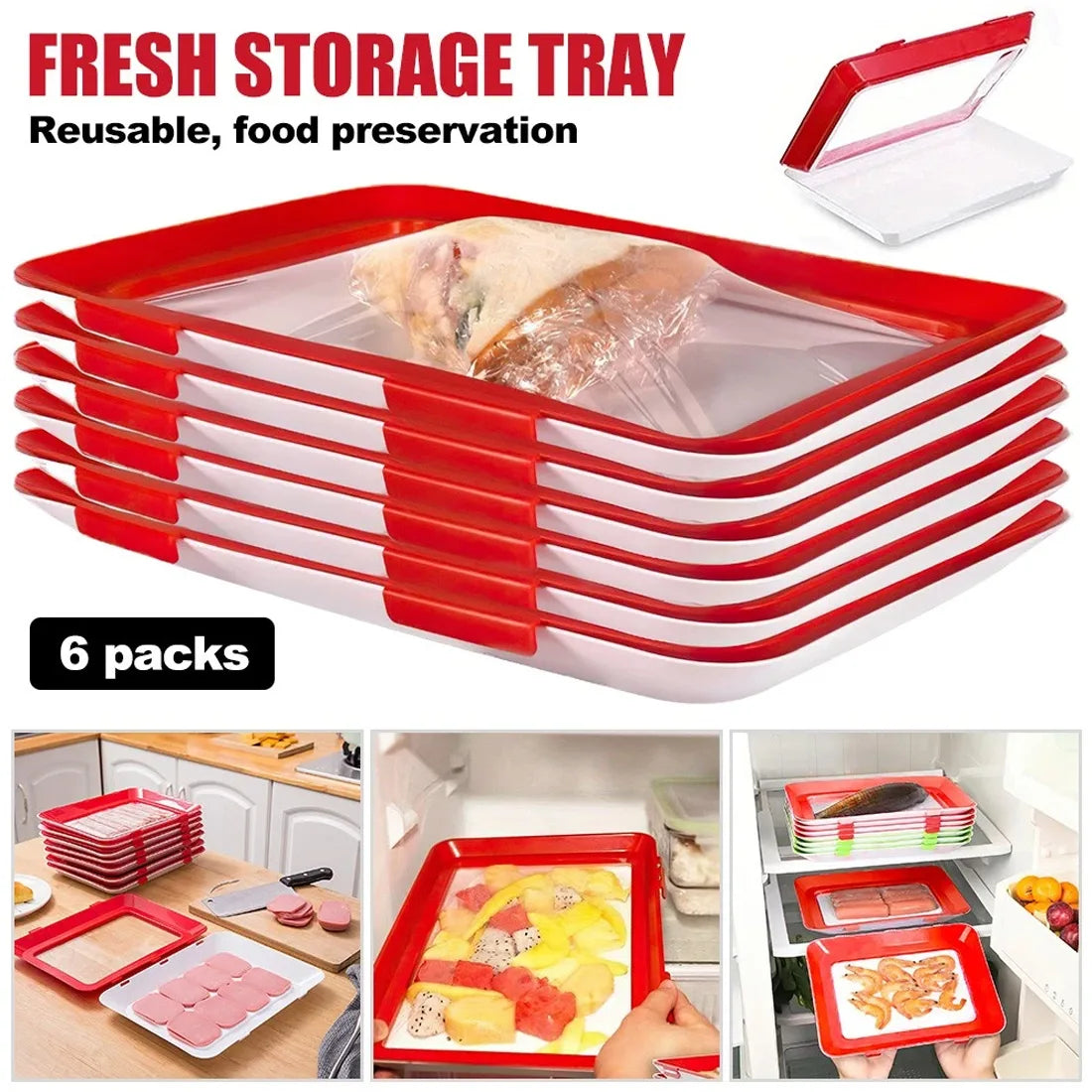 NEW 4/6Pc Stretch Fresh Storage Tray Vacuum Reusable and Stackable Food Storage Tray UK-6pcs