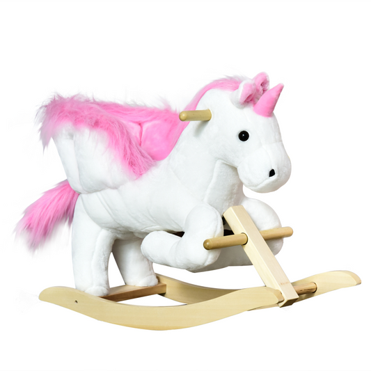 Kids Wooden Ride On Unicorn Rocking Horse Plush Toy Soft Seat Pink HOMCOM