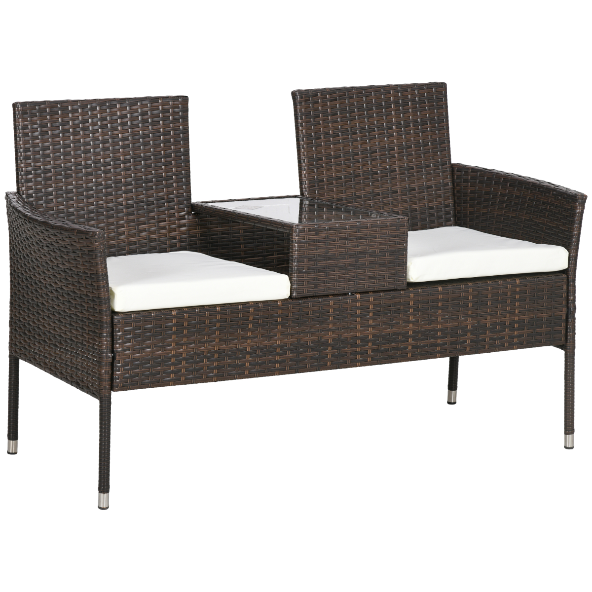 Outsunny 2 Seat Rattan Garden Bench with Padded Cushions, Brown/ Cream White