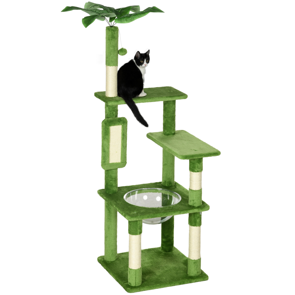 PawHut 142cm Cat Tree Tower with Scratching Post Hammock Ball Platforms Green
