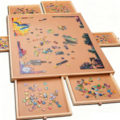 Wooden Jigsaw Puzzle Board Portable Puzzle Storage Table w 6 Slid Drawer 60pcs